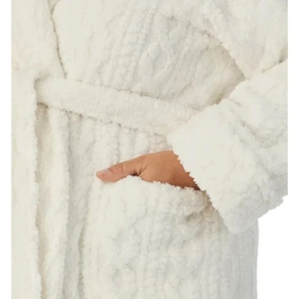 Room Service Womens Robe 2X Full Length Plush Ivory Cozy Lounge Cuffs Cable NEW